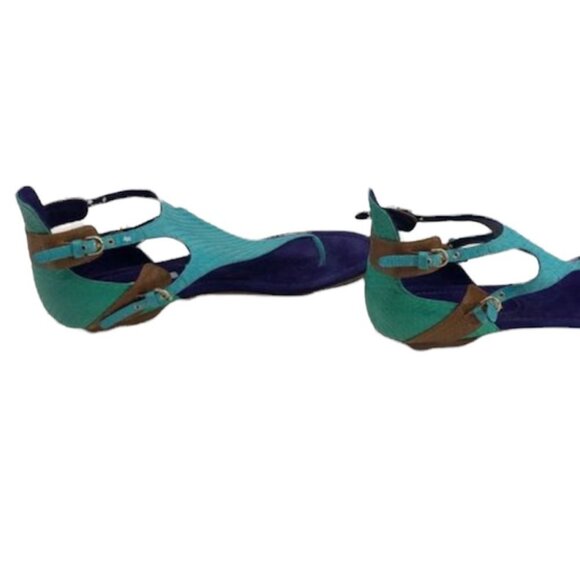 Brian Atwood leather colorblock teal purple brown strappy  caprese thong sandals - Picture 9 of 11
